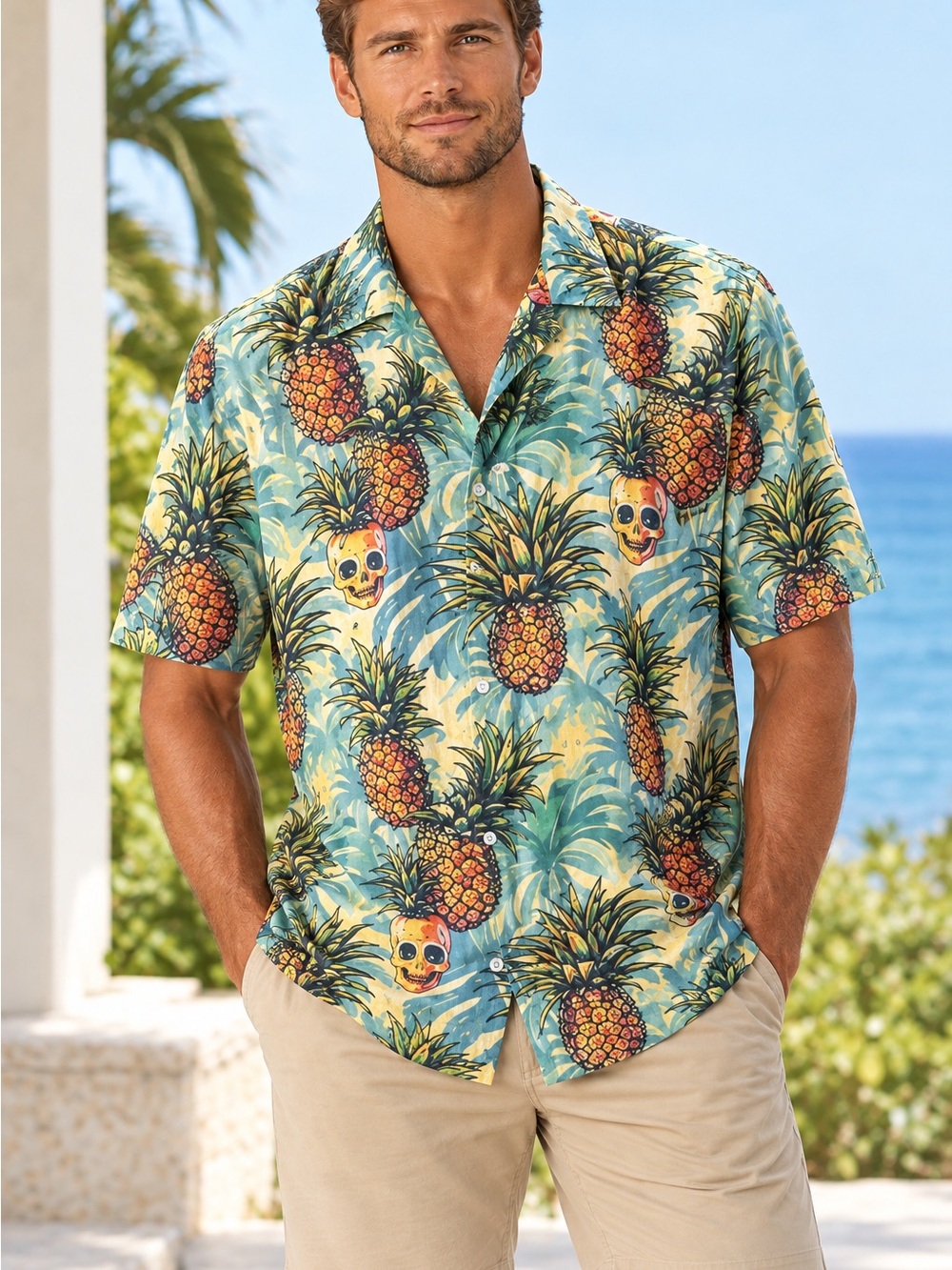 Men's Pineapple Skull Camp Shirt - Blue/Yellow